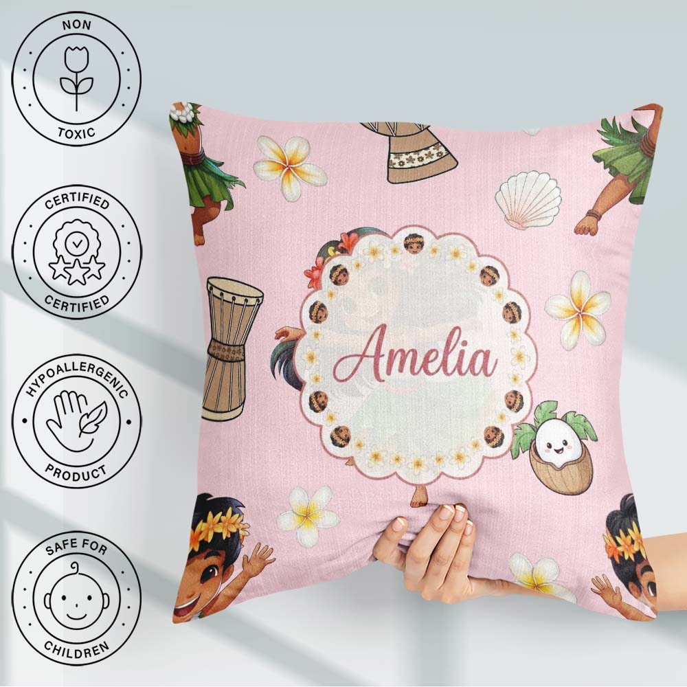 Custom Name Hula Girl Pink Background Tropical Flowers Seamless Square Filled Cushion Throw Pillow Sofa Bed Home Decor Zip Washable UK Made