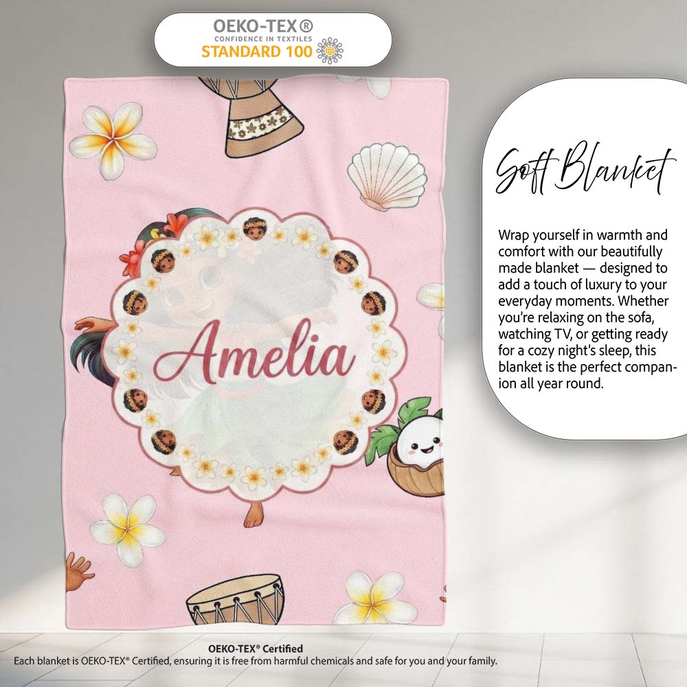 Cute Hula Girl Pink Background Tropical Flowers Coconut Seamless Personalised Custom Name Super Soft Fleece Blanket Bed Sofa Throw
