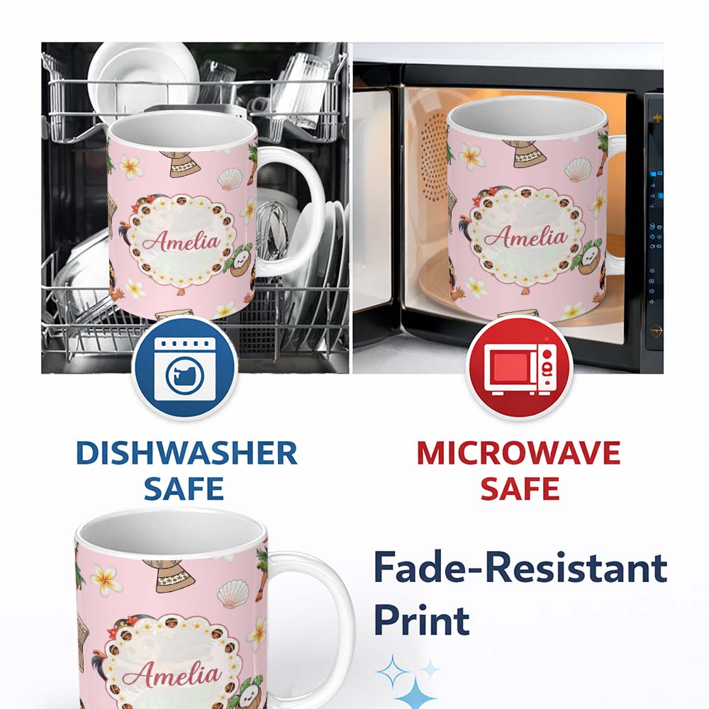Personalized Custom Name Cute Hula Girl Pink Background Tropical Flowers Coconut Seamless 11oz Ceramic Coffee Tea Mug White Large Handle