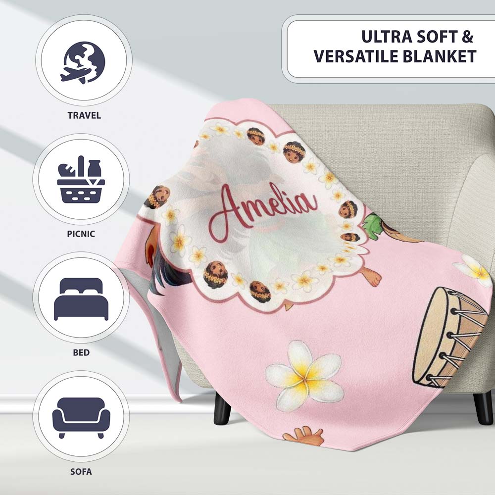 Cute Hula Girl Pink Background Tropical Flowers Coconut Seamless Personalised Custom Name Super Soft Fleece Blanket Bed Sofa Throw
