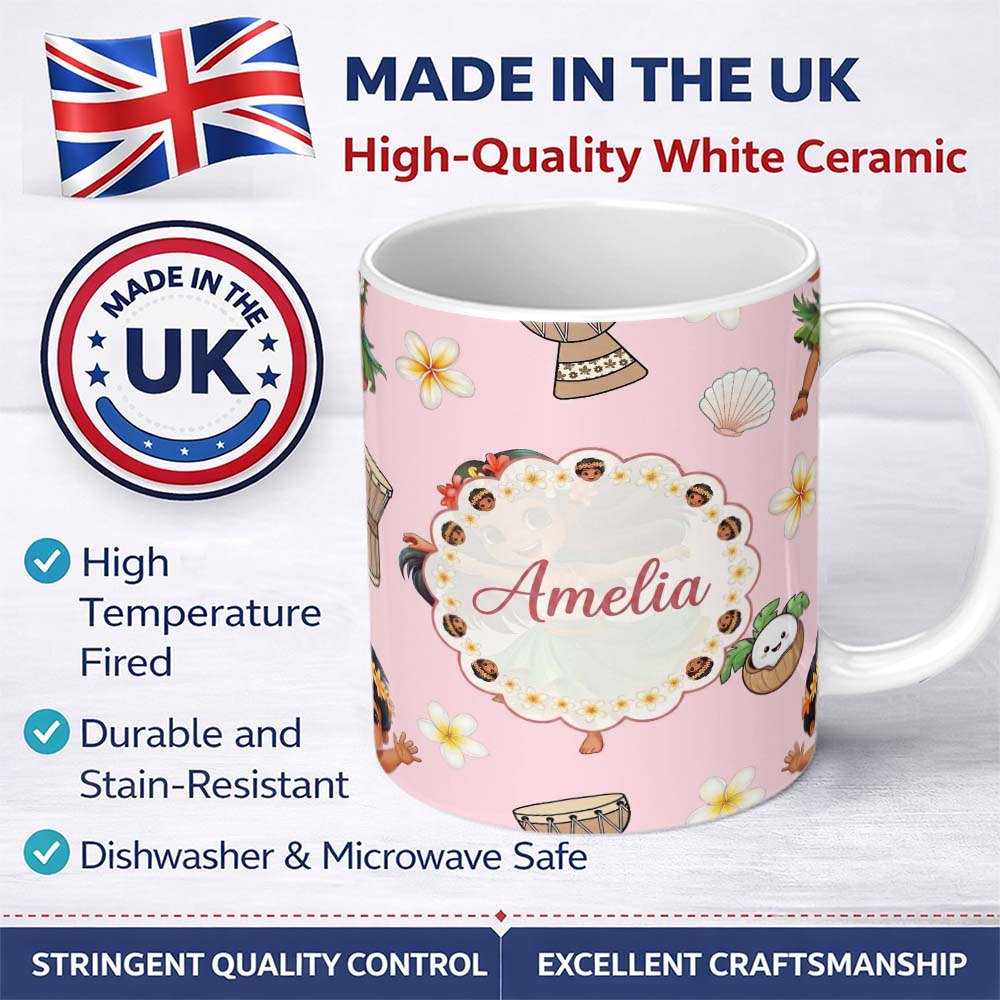 Personalized Custom Name Cute Hula Girl Pink Background Tropical Flowers Coconut Seamless 11oz Ceramic Coffee Tea Mug White Large Handle