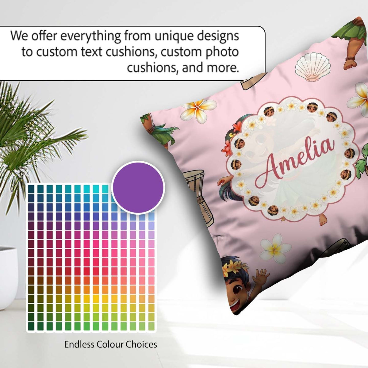 Custom Name Hula Girl Pink Background Tropical Flowers Seamless Square Filled Cushion Throw Pillow Sofa Bed Home Decor Zip Washable UK Made