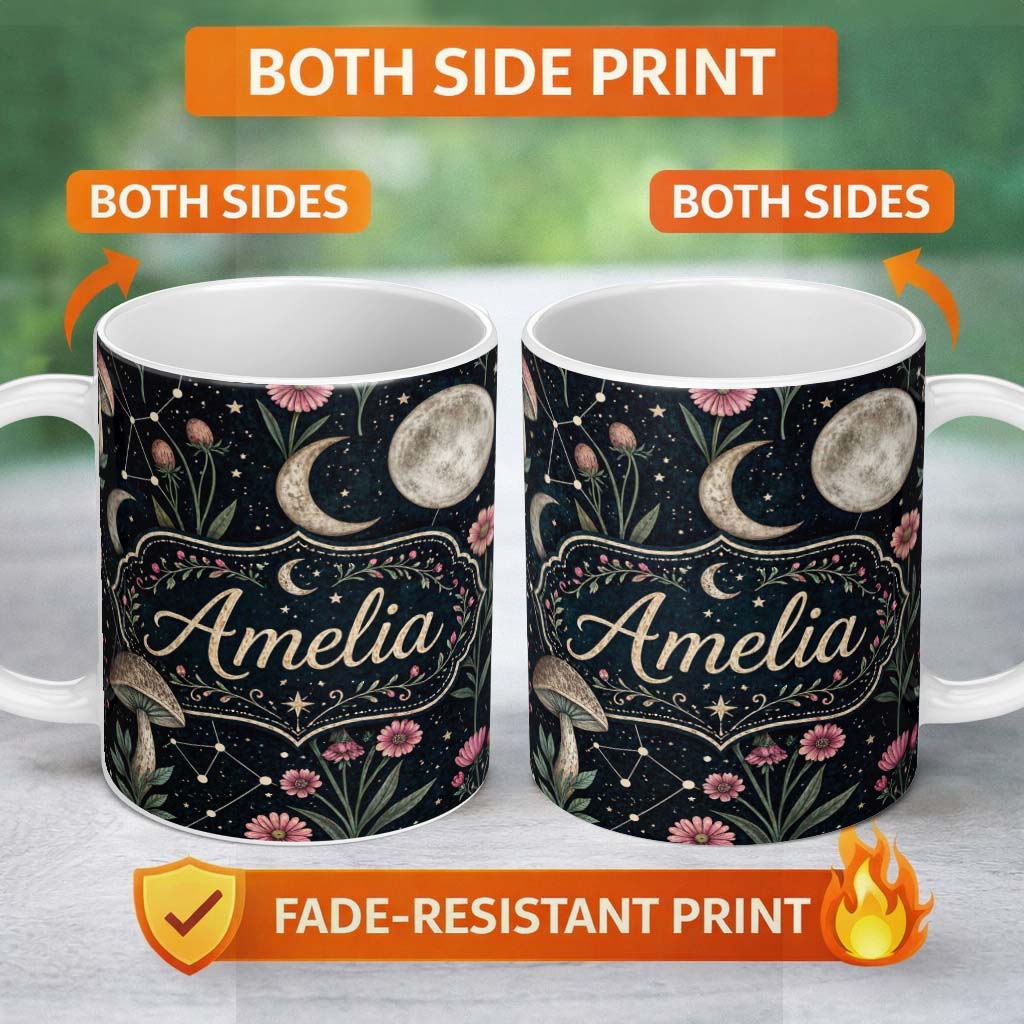 Personalized Custom Name Celestial Floral Moon Constellation Night Seamless Pattern Lovely 11oz Ceramic Coffee Tea Mug White Large Handle