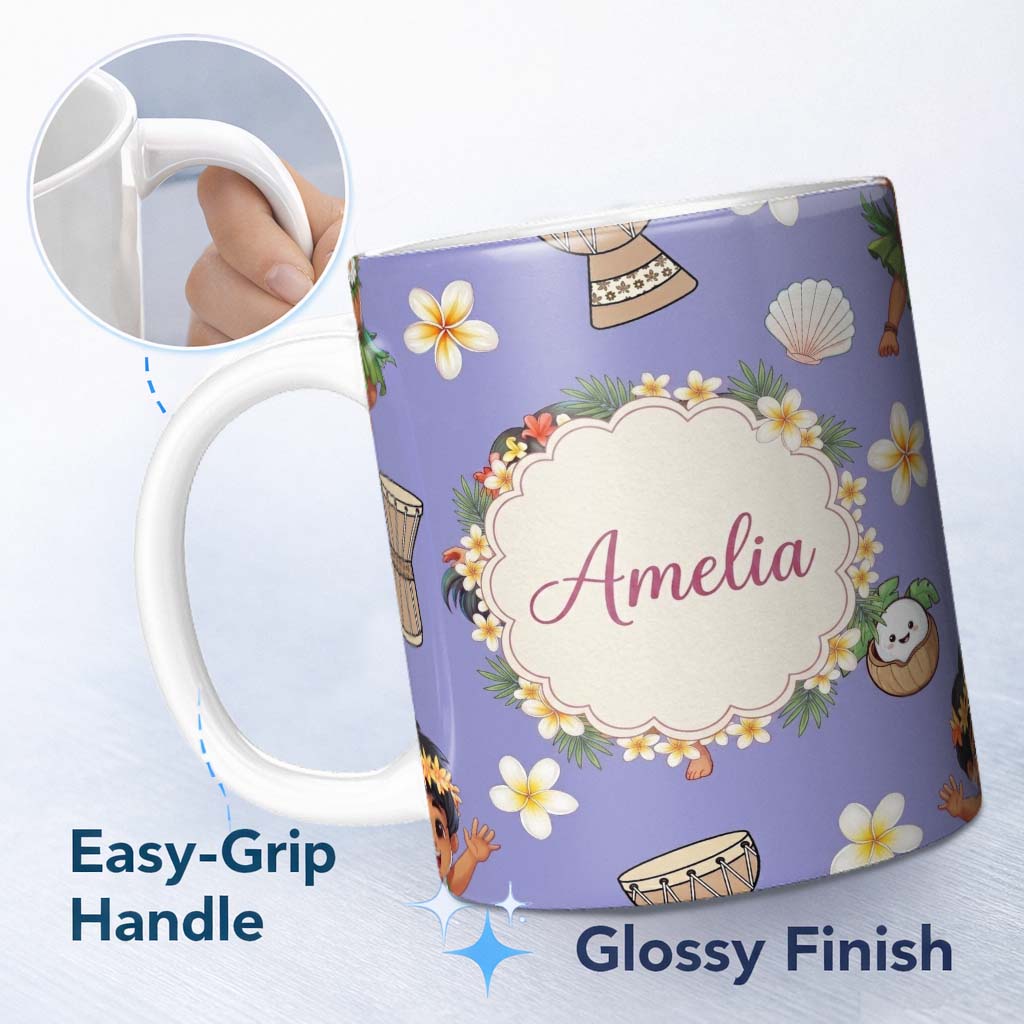 Personalized Custom Name Cute Hula Girl Purple Background Tropical Flowers Coconut Seamless 11oz Ceramic Coffee Tea Mug White Large Handle