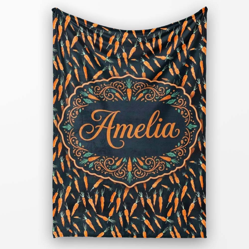 Night Sky Carrot Tossed Pattern Dark Background Playful Seamless Personalised Custom Name Super Soft Fleece Blanket Bed Sofa Throw