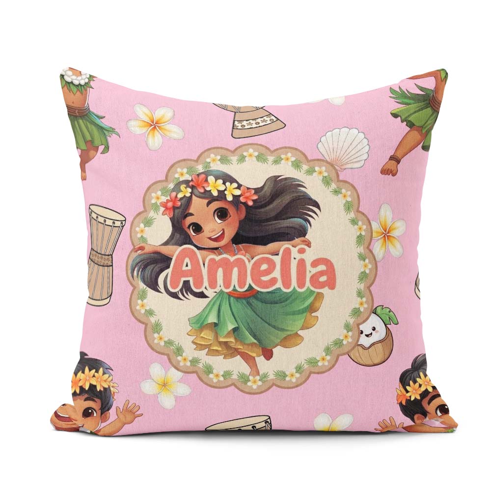 Custom Name Cute Hula Girl Soft Pink Background Tropical Flowers Square Filled Cushion Throw Pillow Sofa Bed Home Decor Zip Washable UK Made