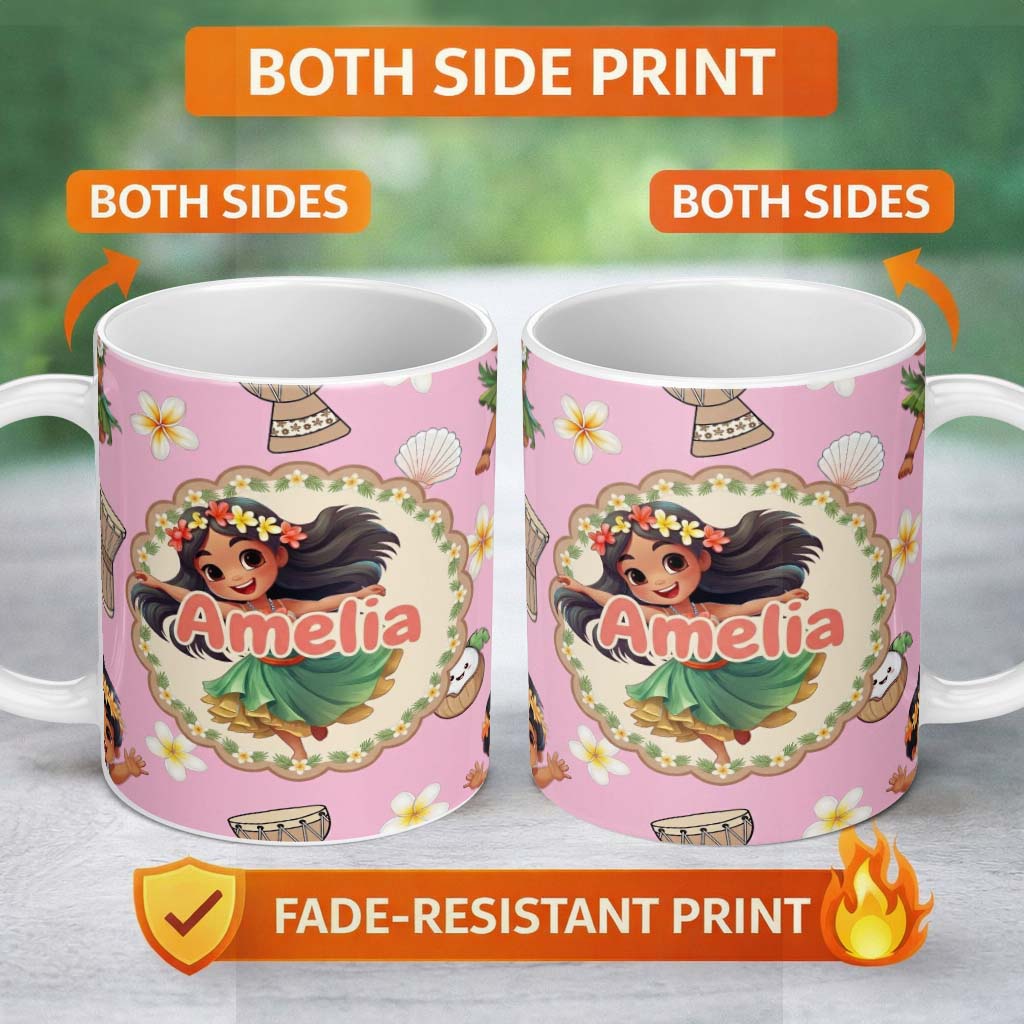 Personalized Custom Name Cute Hula Girl Soft Pink Background Tropical Flowers Coconut 11oz Ceramic Coffee Tea Mug White Large Handle