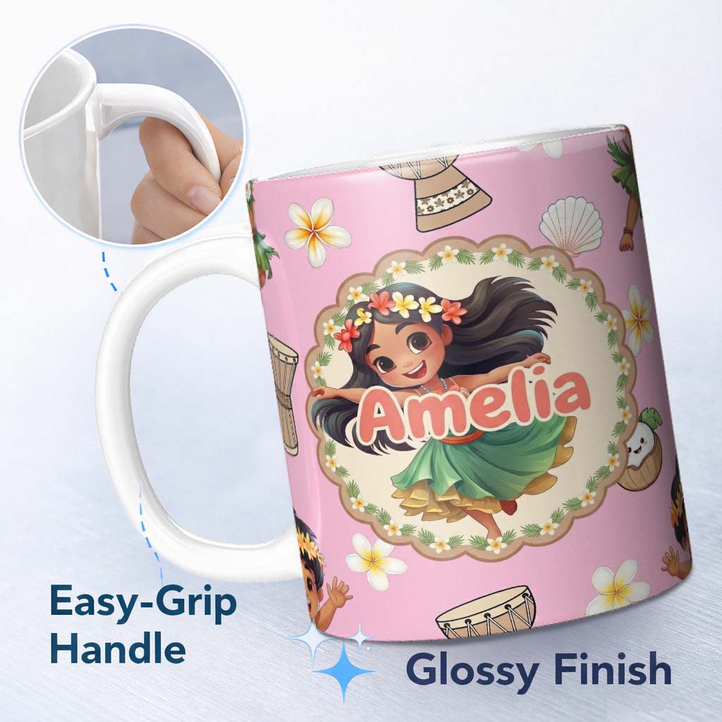Personalized Custom Name Cute Hula Girl Soft Pink Background Tropical Flowers Coconut 11oz Ceramic Coffee Tea Mug White Large Handle