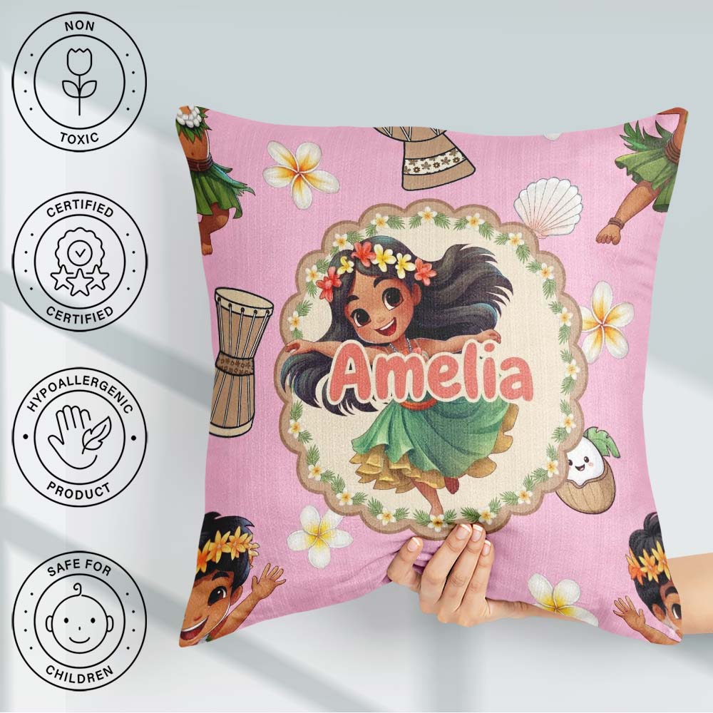 Custom Name Cute Hula Girl Soft Pink Background Tropical Flowers Square Filled Cushion Throw Pillow Sofa Bed Home Decor Zip Washable UK Made