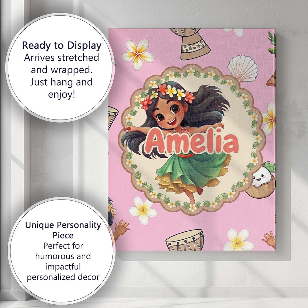 Personalised Name Cute Hula Girl Soft Pink Custom Unique Gift Idea Elegant Feature Canvas Wall Art Print Decor Picture Ready to Hang