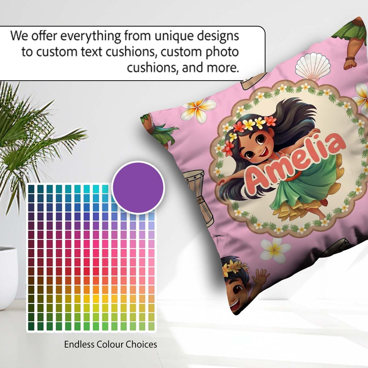 Custom Name Cute Hula Girl Soft Pink Background Tropical Flowers Square Filled Cushion Throw Pillow Sofa Bed Home Decor Zip Washable UK Made