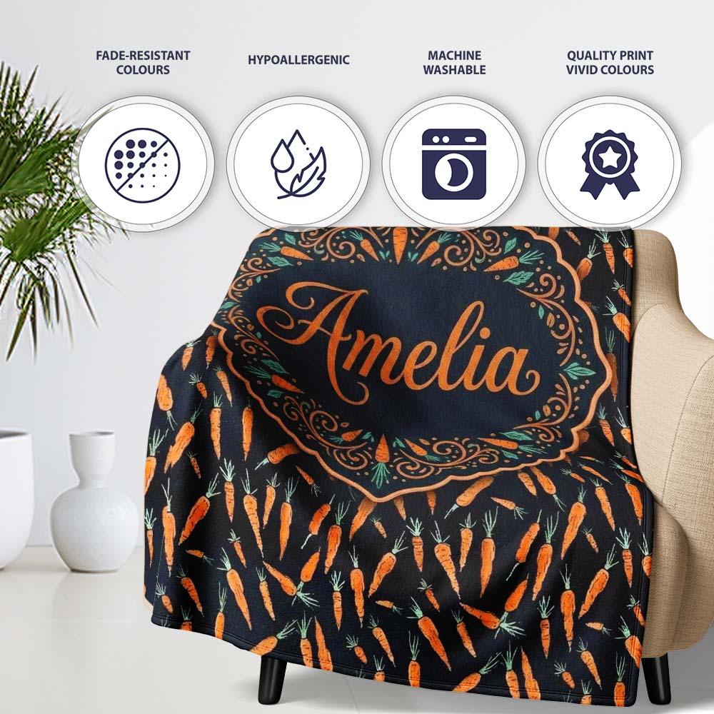 Night Sky Carrot Tossed Pattern Dark Background Playful Seamless Personalised Custom Name Super Soft Fleece Blanket Bed Sofa Throw
