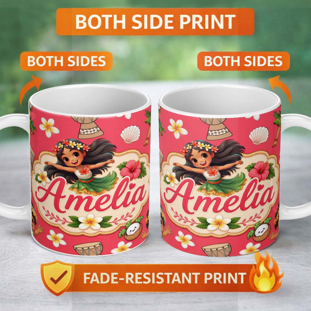 Personalized Custom Name Cute Hula Girl Red Background Tropical Flowers Coconut Seamless 11oz Ceramic Coffee Tea Mug White Large Handle