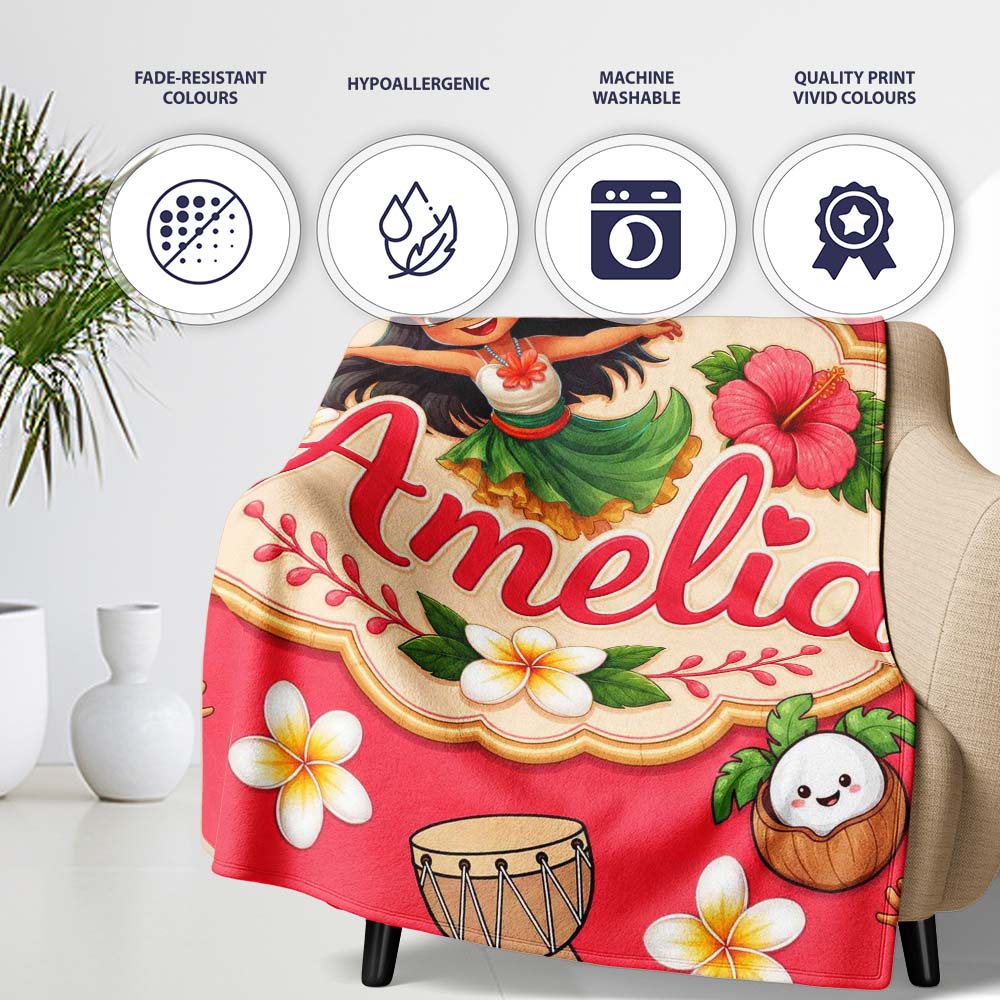 Cute Hula Girl Red Background Tropical Flowers Coconut Seamless Personalised Custom Name Super Soft Fleece Blanket Bed Sofa Throw