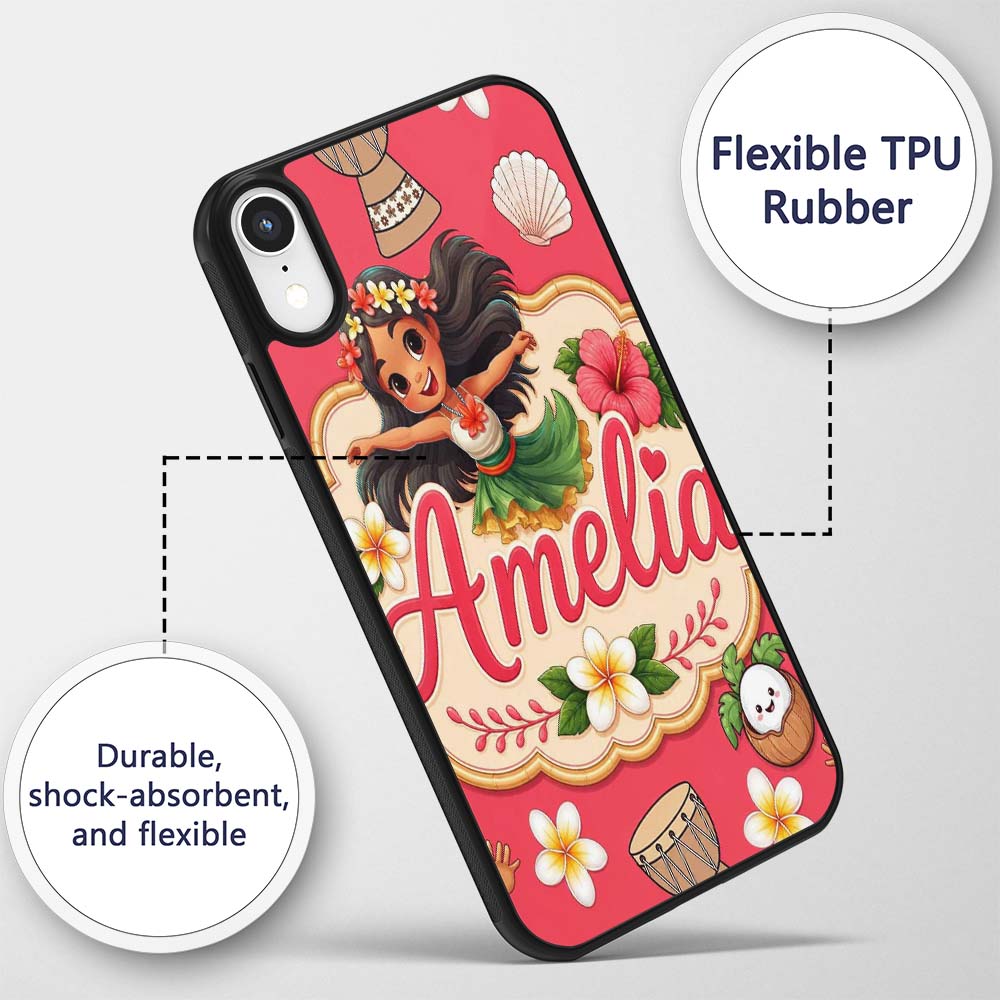 Cute Hula Girl Red Background Tropical Flowers Custom Name Protective Phone Case Mobile Cover Durable Everyday Smartphone Shock Resistant