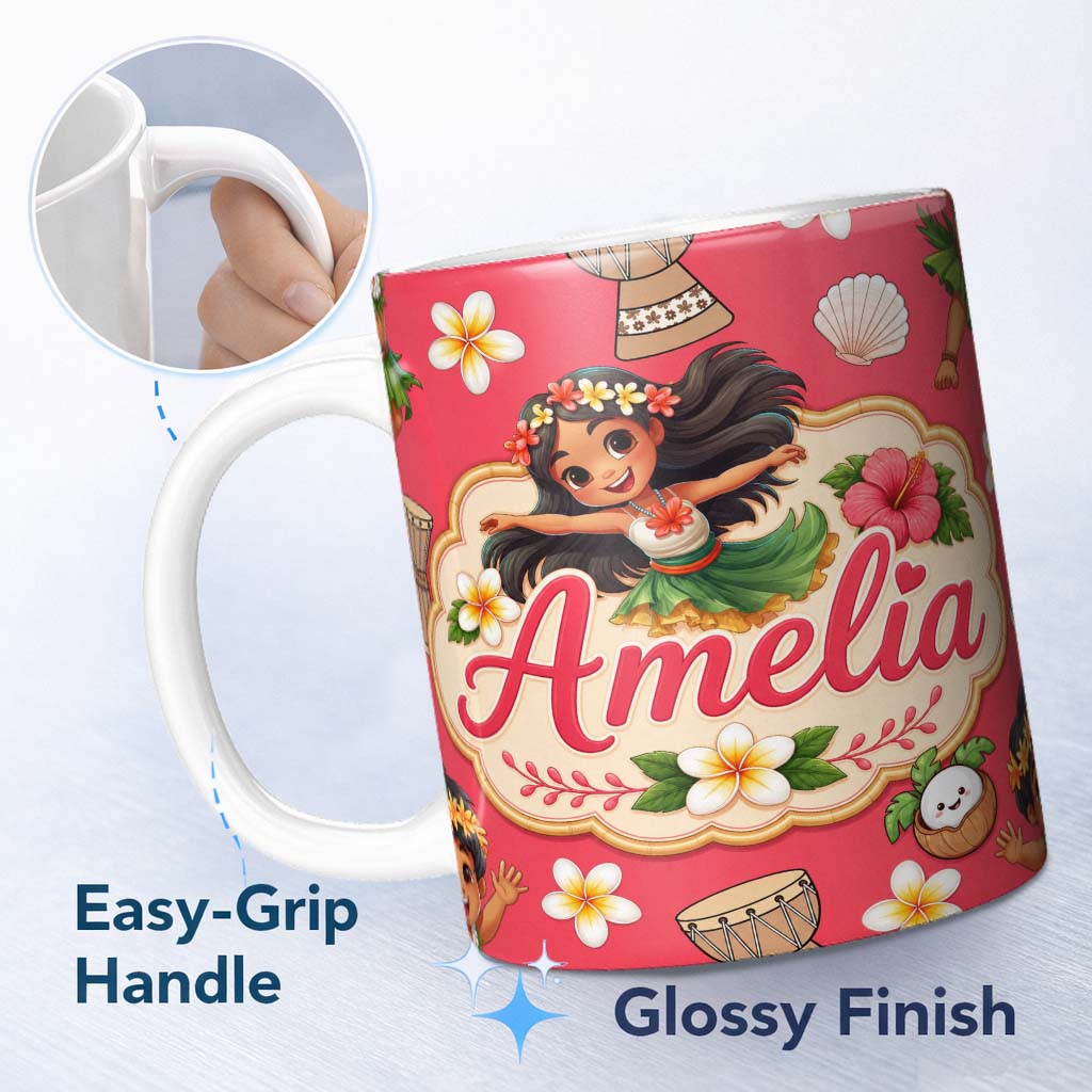 Personalized Custom Name Cute Hula Girl Red Background Tropical Flowers Coconut Seamless 11oz Ceramic Coffee Tea Mug White Large Handle