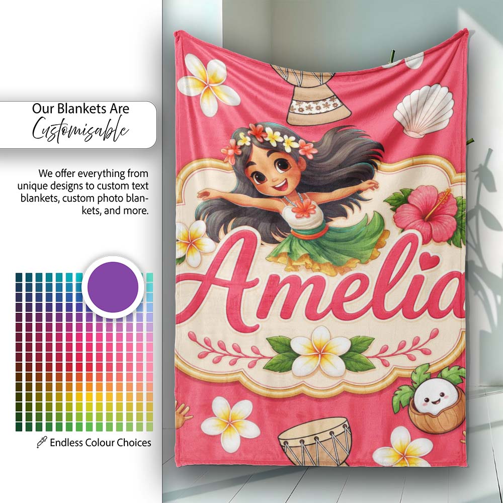 Cute Hula Girl Red Background Tropical Flowers Coconut Seamless Personalised Custom Name Super Soft Fleece Blanket Bed Sofa Throw