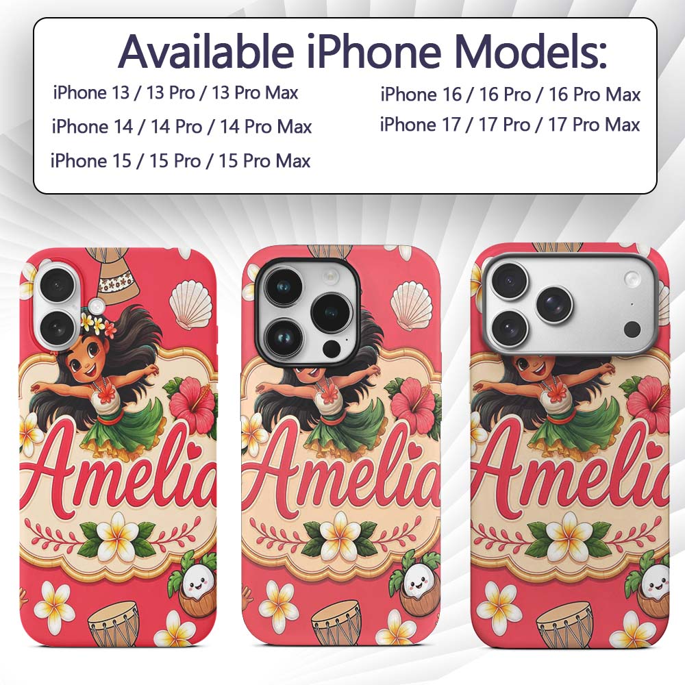 Cute Hula Girl Red Background Tropical Flowers Custom Name Protective Phone Case Mobile Cover Durable Everyday Smartphone Shock Resistant