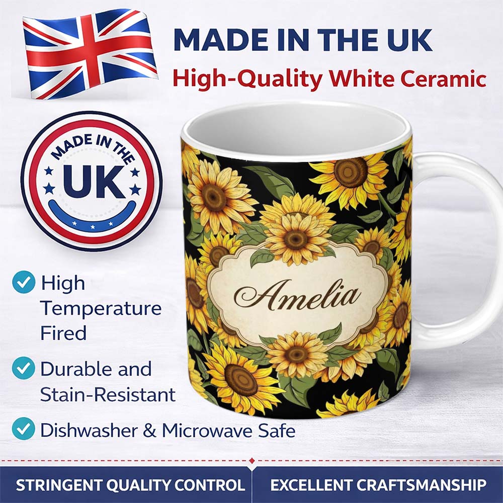 Personalized Custom Name Bright Sunflower Blooms with Green Leaves on White Background Lovely 11oz Ceramic Coffee Tea Mug White Large Handle