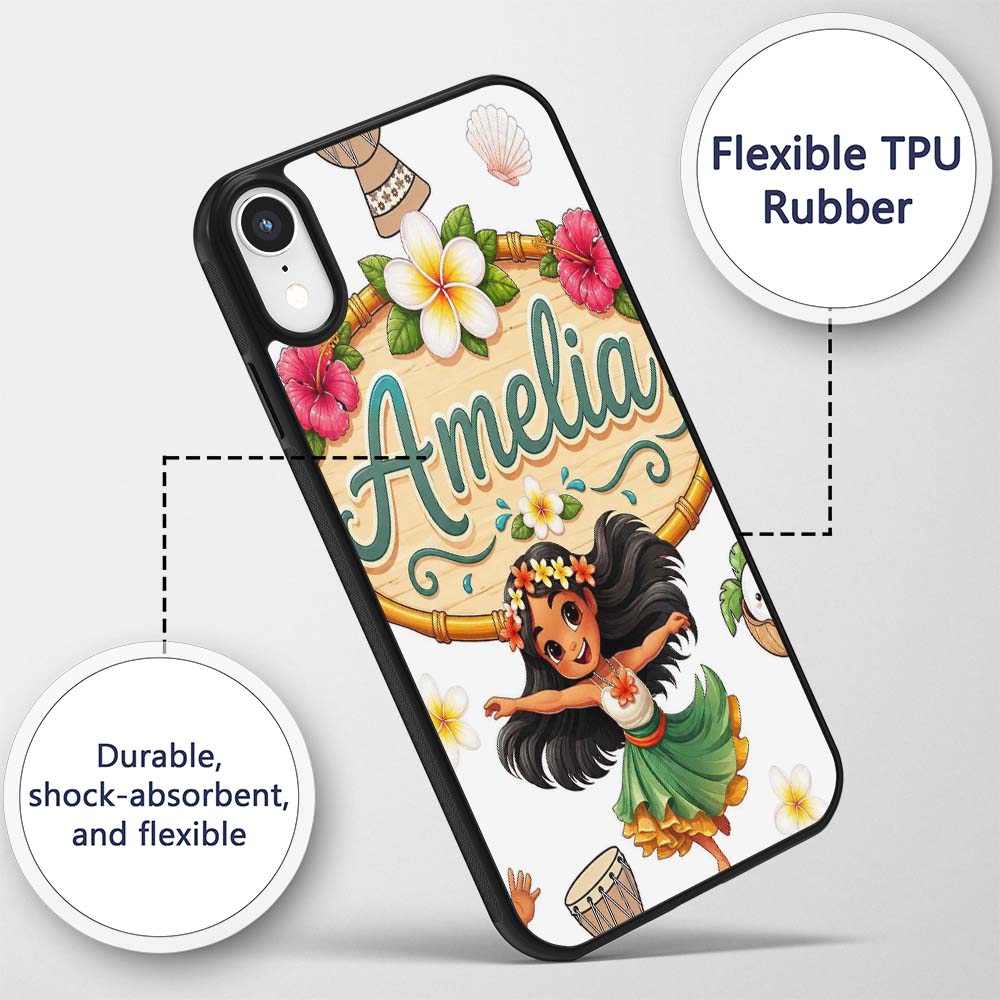 Cute Hula Girl Grey Background Tropical Flowers Custom Name Protective Phone Case Mobile Cover Durable Everyday Smartphone Shock Resistant