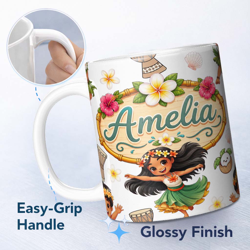 Personalized Custom Name Cute Hula Girl Grey Background Tropical Flowers Coconut Seamless 11oz Ceramic Coffee Tea Mug White Large Handle
