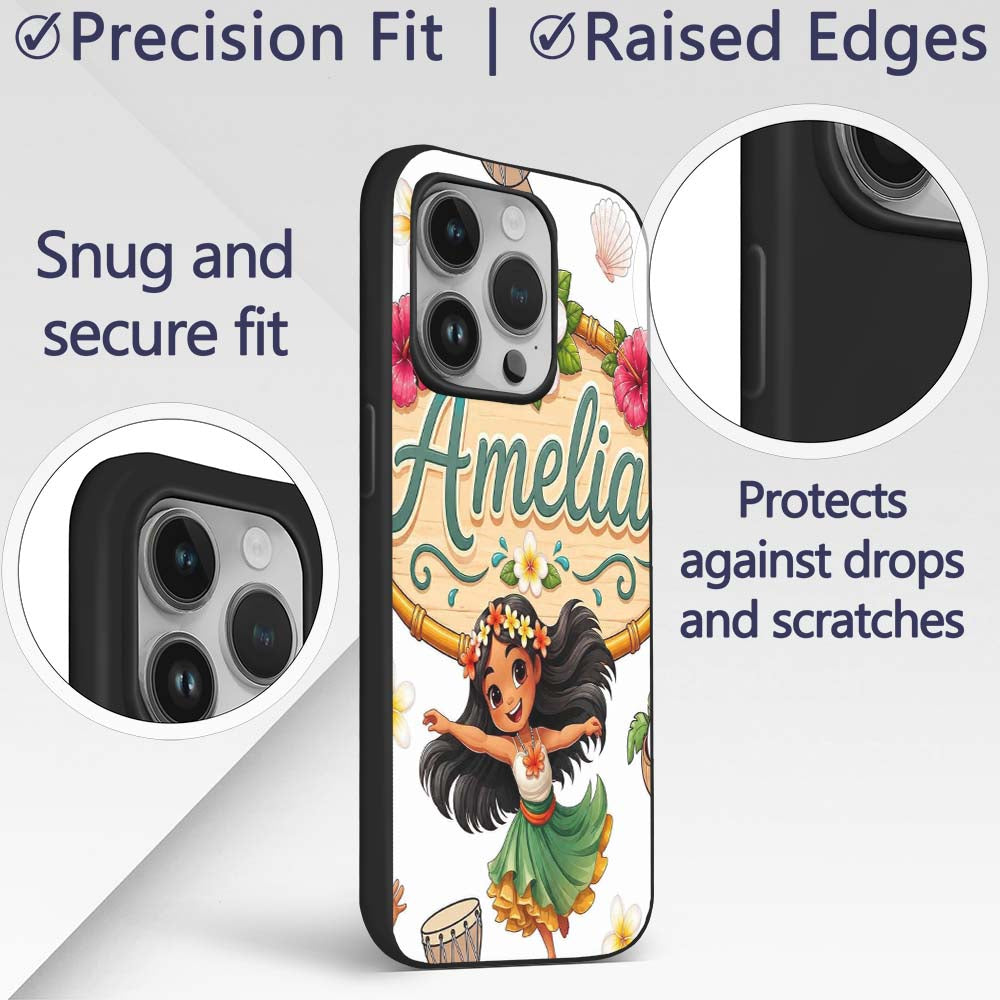 Cute Hula Girl Grey Background Tropical Flowers Custom Name Protective Phone Case Mobile Cover Durable Everyday Smartphone Shock Resistant
