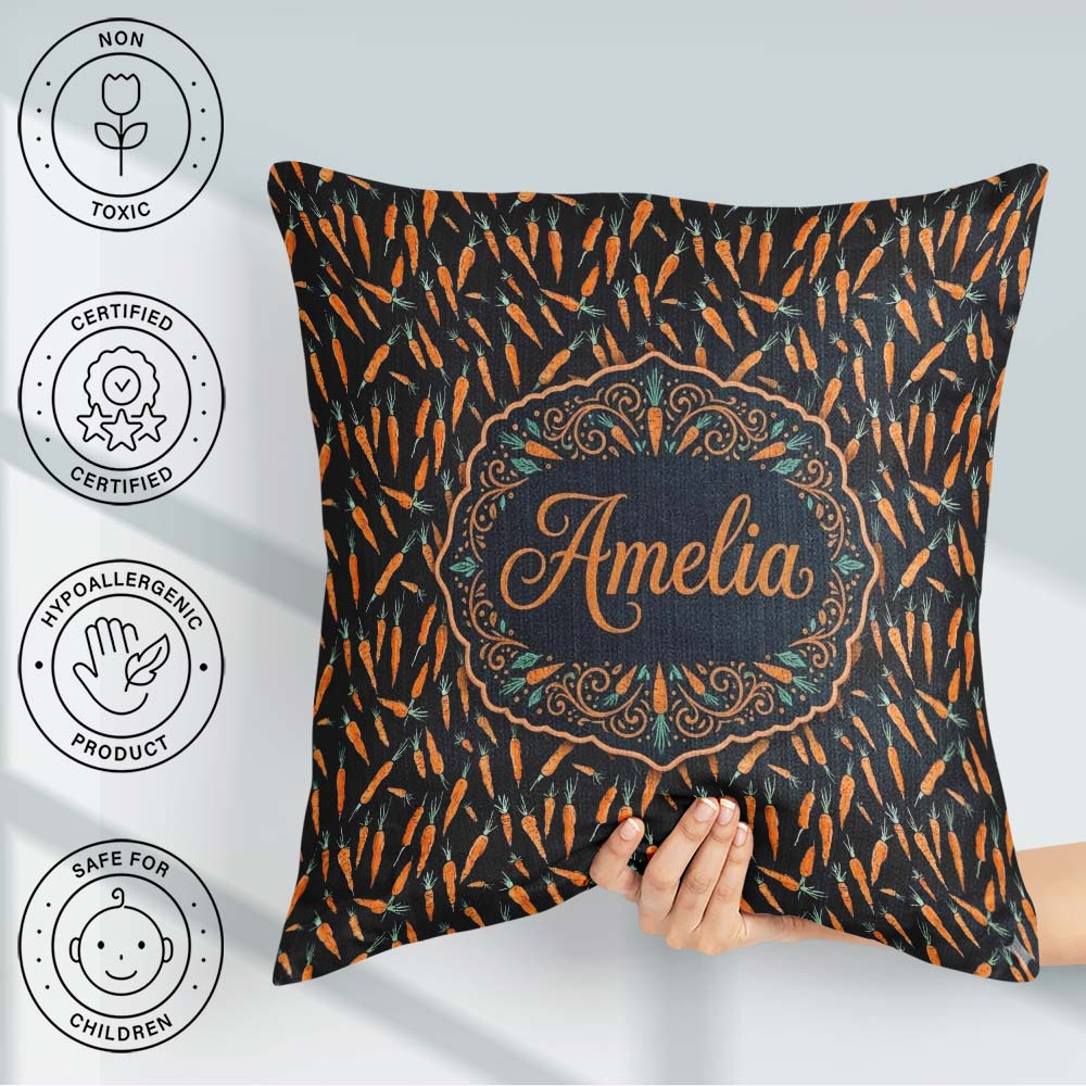 Custom Name Night Carrot Tossed Pattern Dark Background Seamless Square Filled Cushion Throw Pillow Sofa Bed Home Decor Zip Washable UK Made