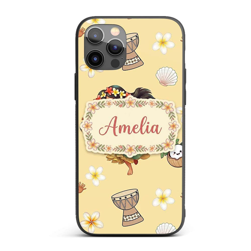 Cute Hula Girl Yellow Background Tropical Flowers Custom Name Protective Phone Case Mobile Cover Durable Everyday Smartphone Shock Resistant