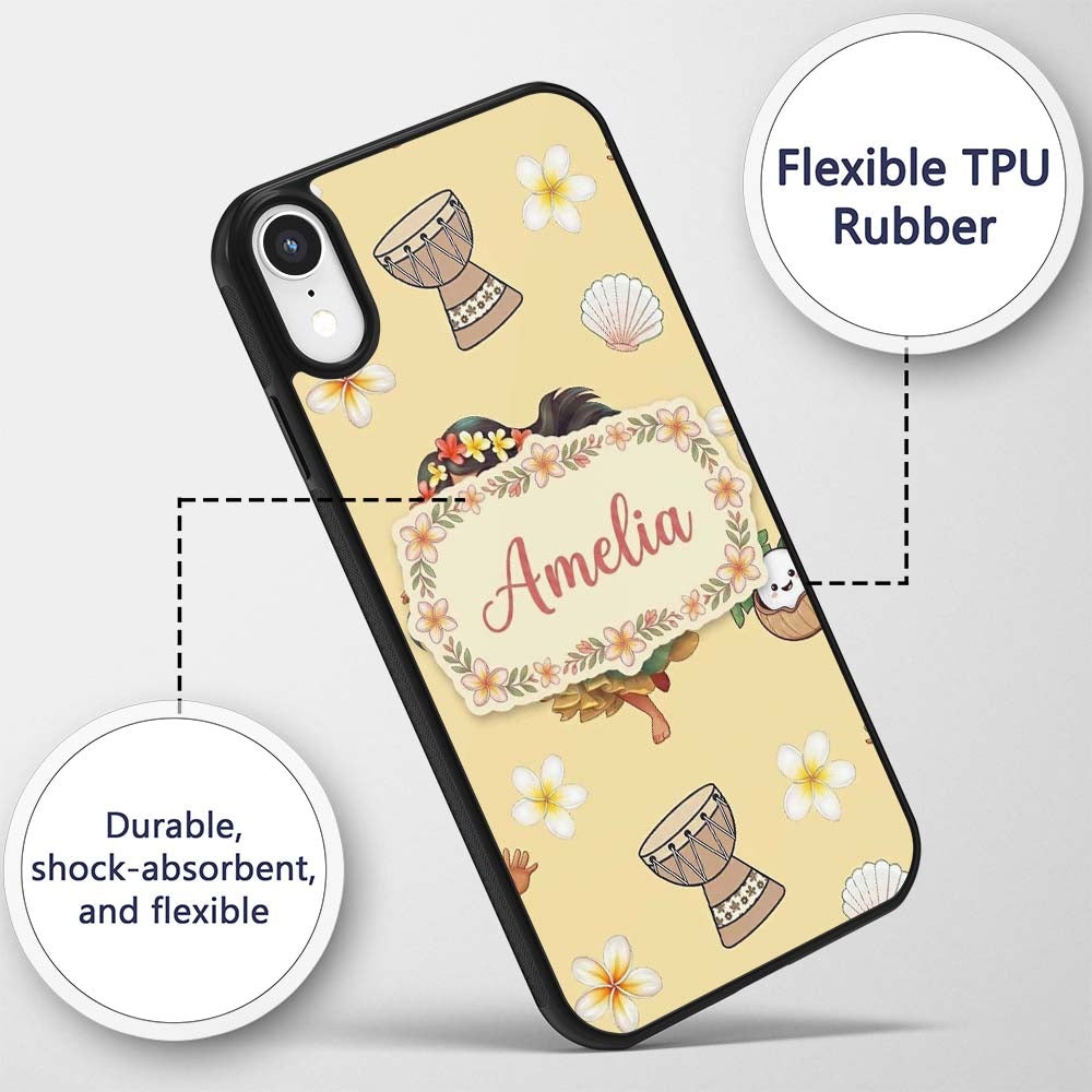 Cute Hula Girl Yellow Background Tropical Flowers Custom Name Protective Phone Case Mobile Cover Durable Everyday Smartphone Shock Resistant