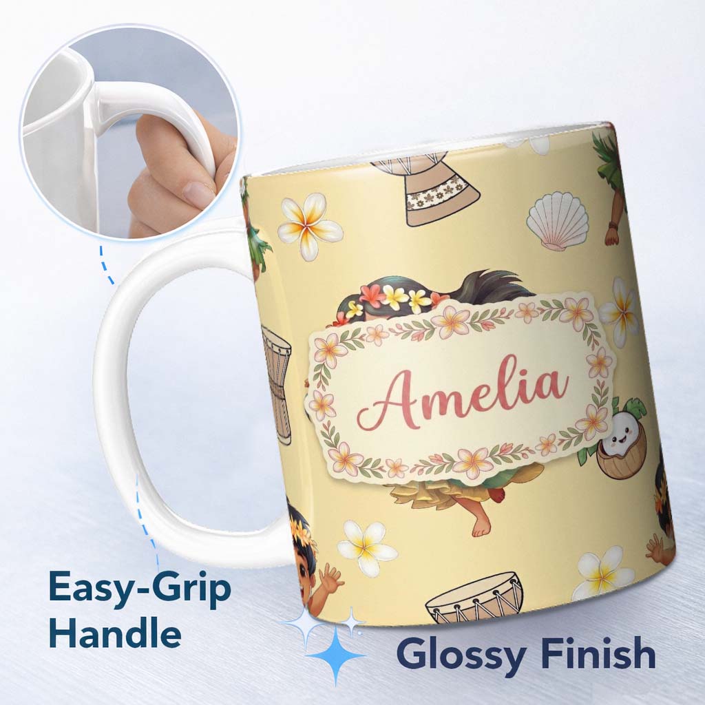 Personalized Custom Name Cute Hula Girl Yellow Background Tropical Flowers Coconut Seamless 11oz Ceramic Coffee Tea Mug White Large Handle
