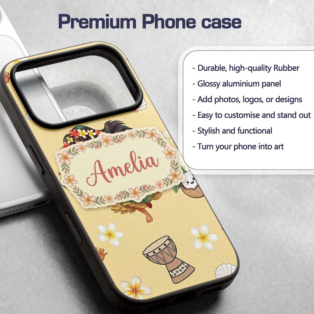 Cute Hula Girl Yellow Background Tropical Flowers Custom Name Protective Phone Case Mobile Cover Durable Everyday Smartphone Shock Resistant