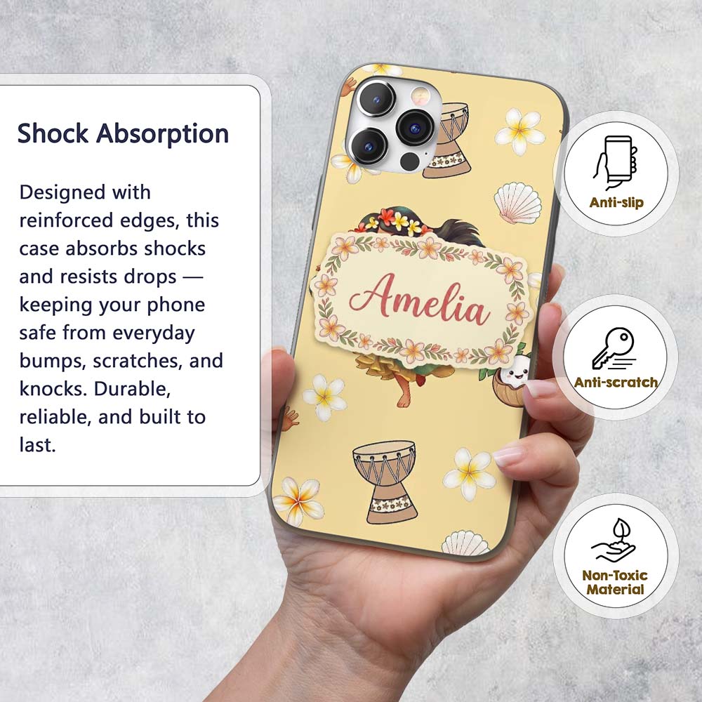 Cute Hula Girl Yellow Background Tropical Flowers Custom Name Protective Phone Case Mobile Cover Durable Everyday Smartphone Shock Resistant