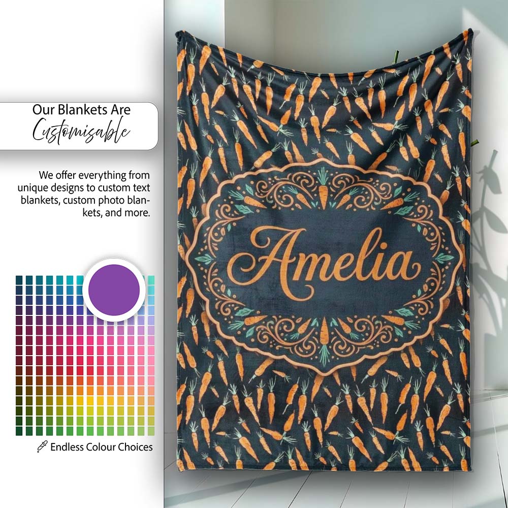 Night Sky Carrot Tossed Pattern Dark Background Playful Seamless Personalised Custom Name Super Soft Fleece Blanket Bed Sofa Throw