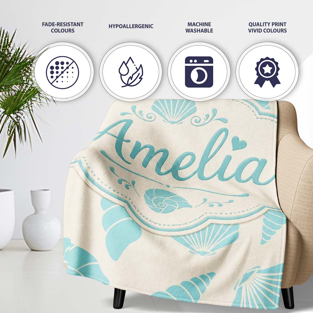 Cute Sea Shells Blue Beige Minimal Seamless Pattern Name Unique Gift Personalised Custom Name Super Soft Fleece Blanket Bed Sofa Throw