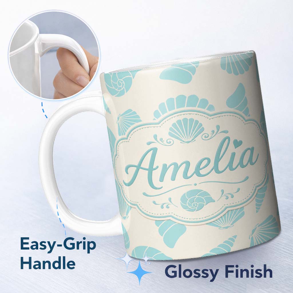 Personalized Custom Name Cute Sea Shells Blue Beige Minimal Seamless Pattern Name Unique Gift 11oz Ceramic Coffee Tea Mug White Large Handle