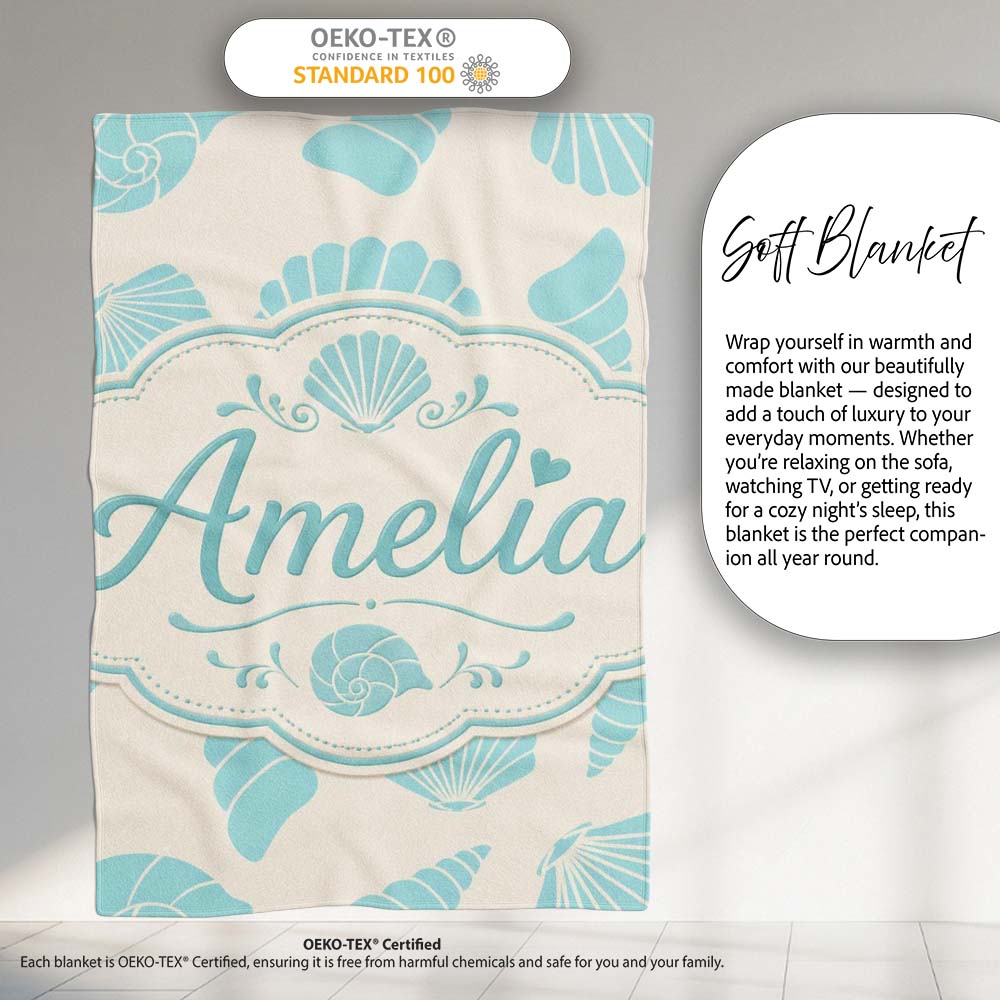 Cute Sea Shells Blue Beige Minimal Seamless Pattern Name Unique Gift Personalised Custom Name Super Soft Fleece Blanket Bed Sofa Throw