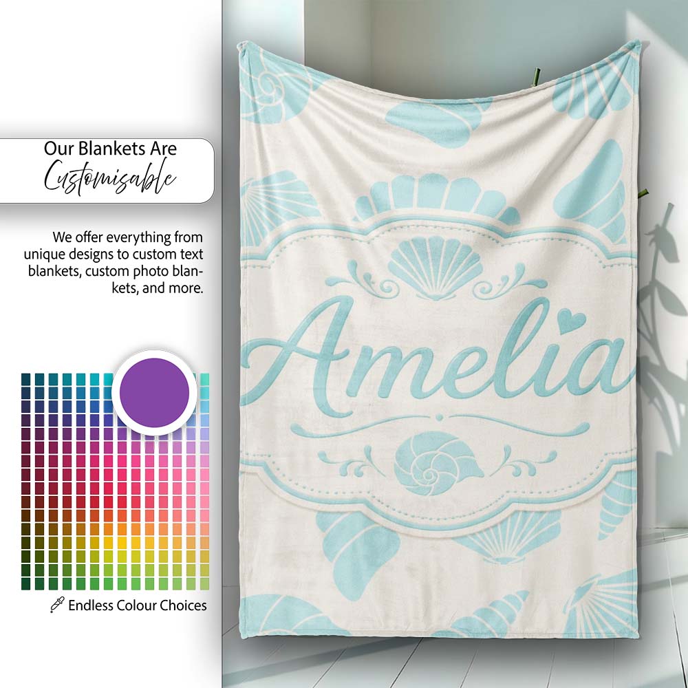 Cute Sea Shells Blue Beige Minimal Seamless Pattern Name Unique Gift Personalised Custom Name Super Soft Fleece Blanket Bed Sofa Throw