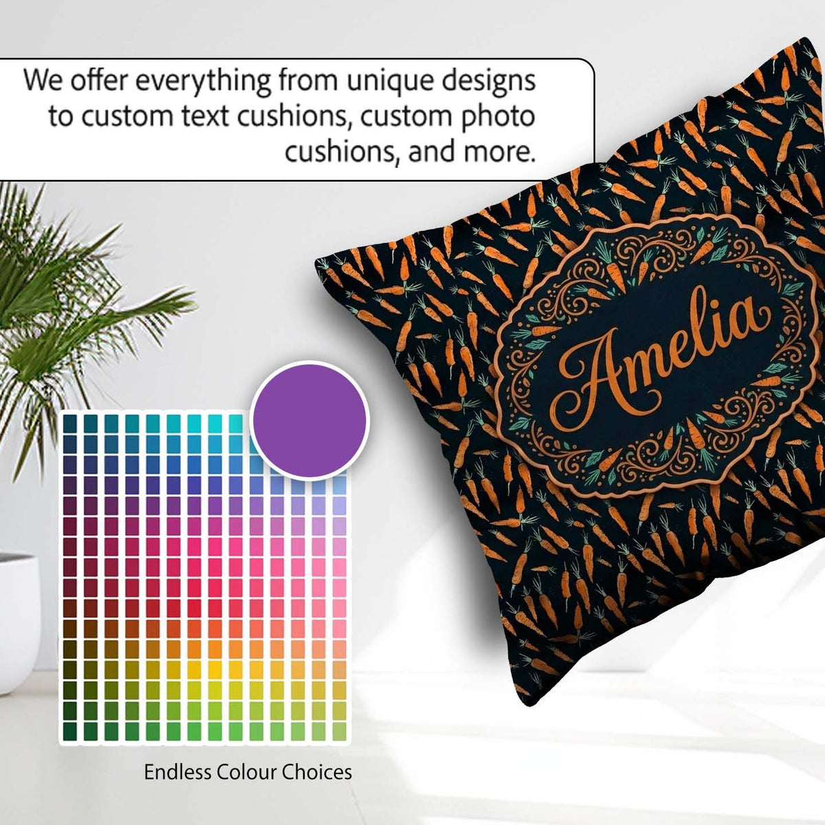 Custom Name Night Carrot Tossed Pattern Dark Background Seamless Square Filled Cushion Throw Pillow Sofa Bed Home Decor Zip Washable UK Made