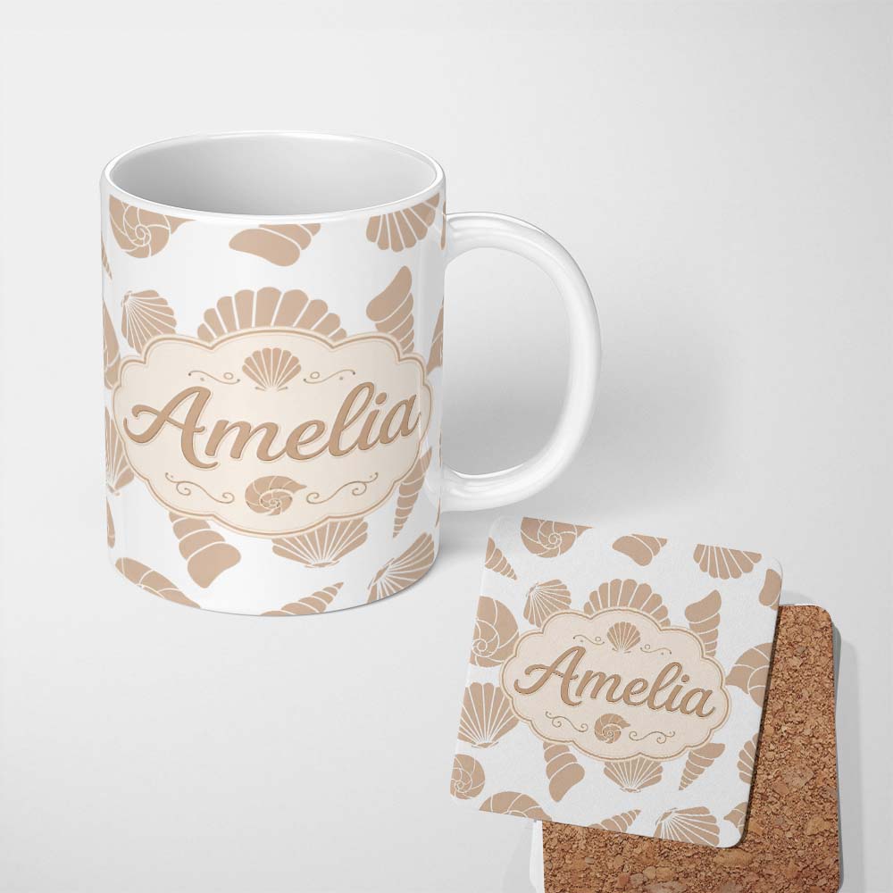 Personalized Custom Name Cute Sea Shells Neutral Beige Minimal Seamless Pattern Name Unique 11oz Ceramic Coffee Tea Mug White Large Handle