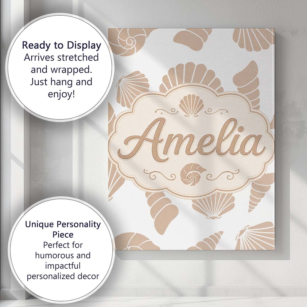 Personalised Name Cute Sea Shells Neutral Custom Unique Gift Idea Elegant Feature Canvas Wall Art Print Decor Picture Ready to Hang