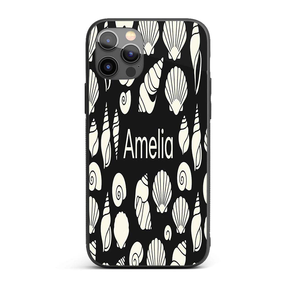 Minimal Sea Shells Black Background Seamless Custom Name Protective Phone Case Mobile Cover Durable Everyday Smartphone Shock Resistant