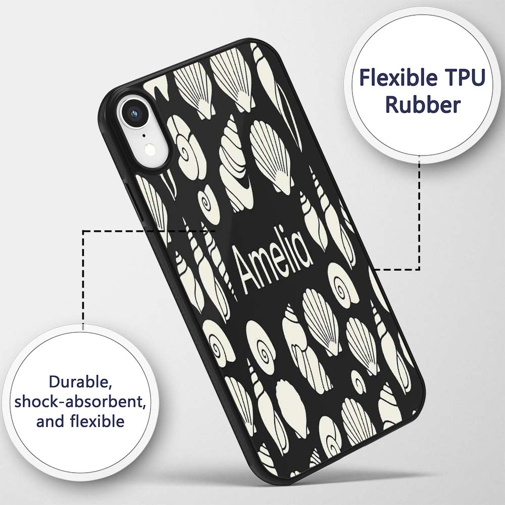 Minimal Sea Shells Black Background Seamless Custom Name Protective Phone Case Mobile Cover Durable Everyday Smartphone Shock Resistant