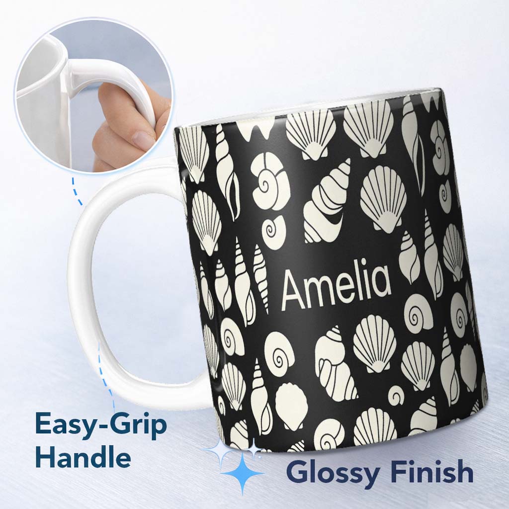 Personalized Custom Name Minimal Sea Shells Black Background Seamless Pattern Name Cute 11oz Ceramic Coffee Tea Mug White Large Handle