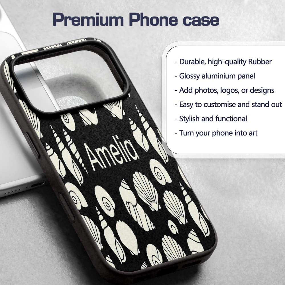 Minimal Sea Shells Black Background Seamless Custom Name Protective Phone Case Mobile Cover Durable Everyday Smartphone Shock Resistant