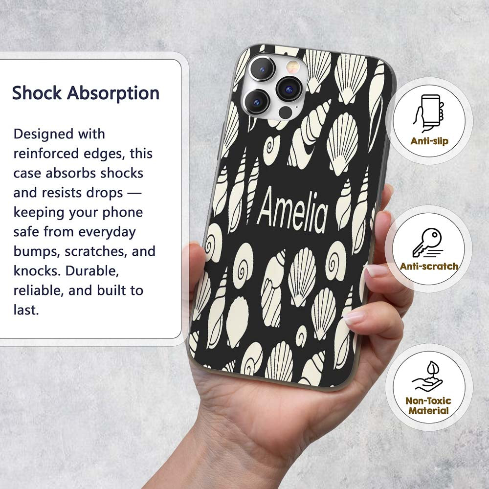 Minimal Sea Shells Black Background Seamless Custom Name Protective Phone Case Mobile Cover Durable Everyday Smartphone Shock Resistant
