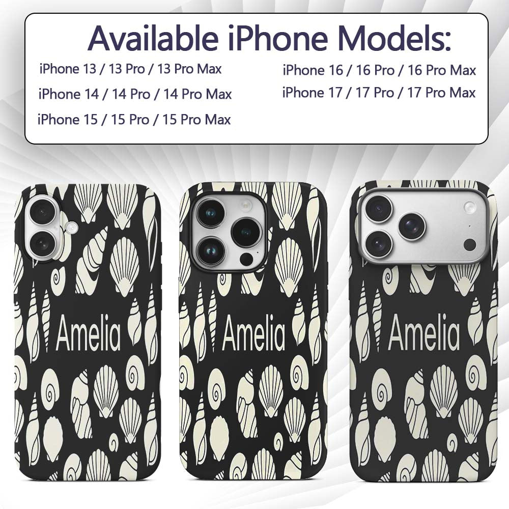 Minimal Sea Shells Black Background Seamless Custom Name Protective Phone Case Mobile Cover Durable Everyday Smartphone Shock Resistant