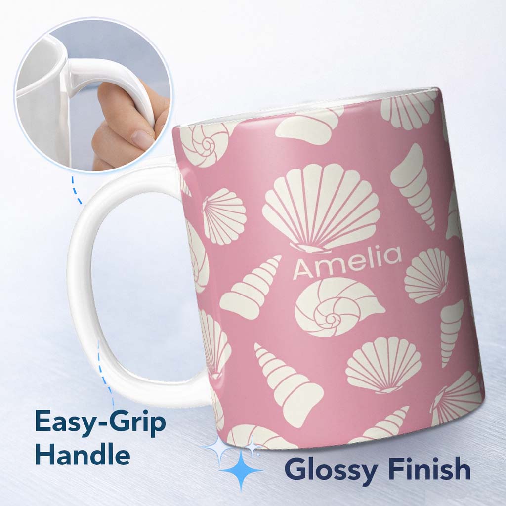 Personalized Custom Name Minimal Sea Shells Pink Background Seamless Pattern Name Cute 11oz Ceramic Coffee Tea Mug White Large Handle