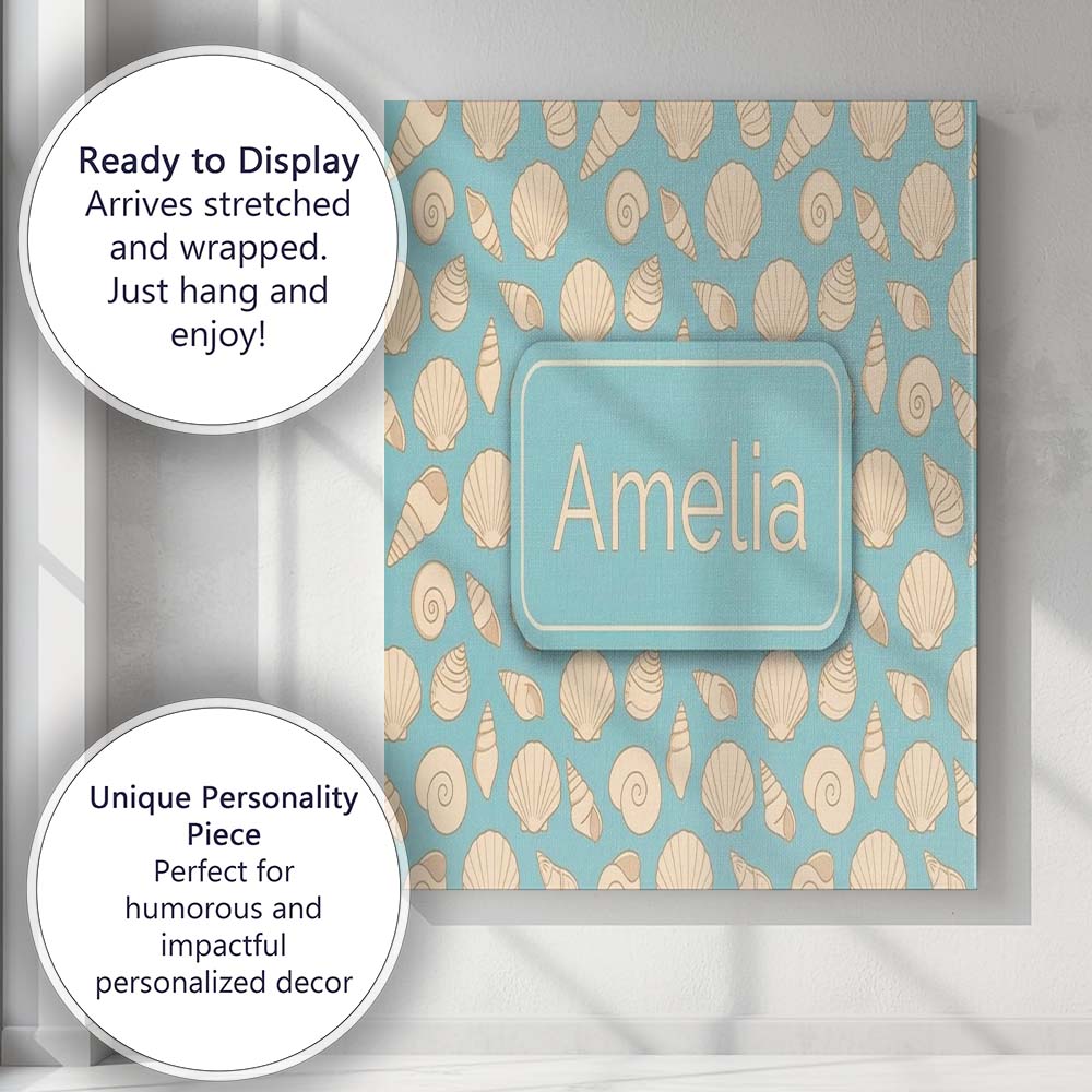 Personalised Name Minimal Sea Shells Blue Custom Unique Gift Idea Elegant Feature Canvas Wall Art Print Decor Picture Ready to Hang