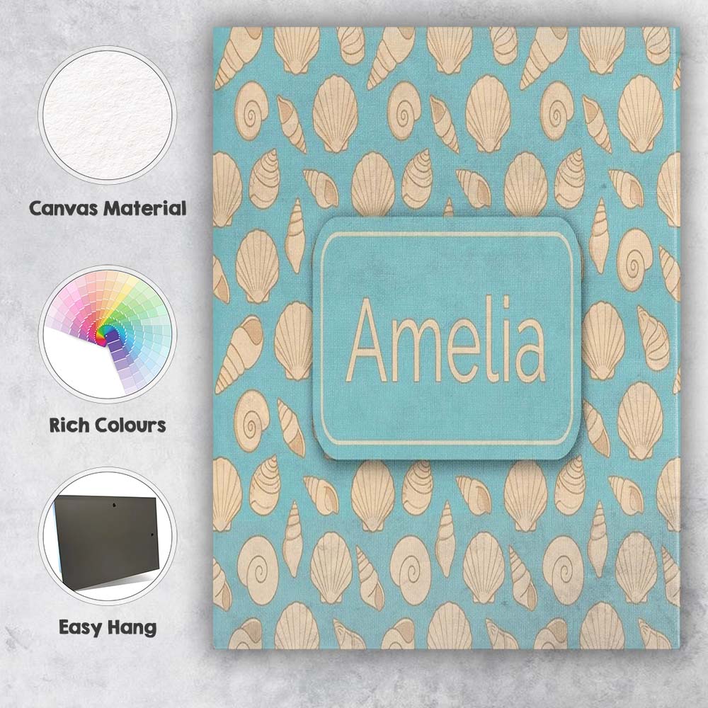 Personalised Name Minimal Sea Shells Blue Custom Unique Gift Idea Elegant Feature Canvas Wall Art Print Decor Picture Ready to Hang