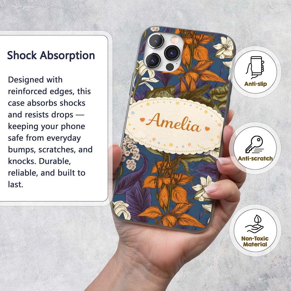 Dark Botanical Floral Vintage Garden Seamless Custom Name Protective Phone Case Mobile Cover Durable Everyday Smartphone Shock Resistant